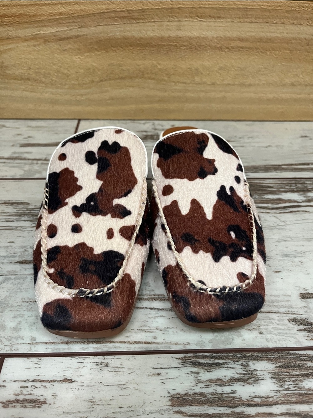 Cow Print Hair Calf Leather Square Toe Mules Womens 8 Low Heel Slip On Slides - Picture 6 of 16